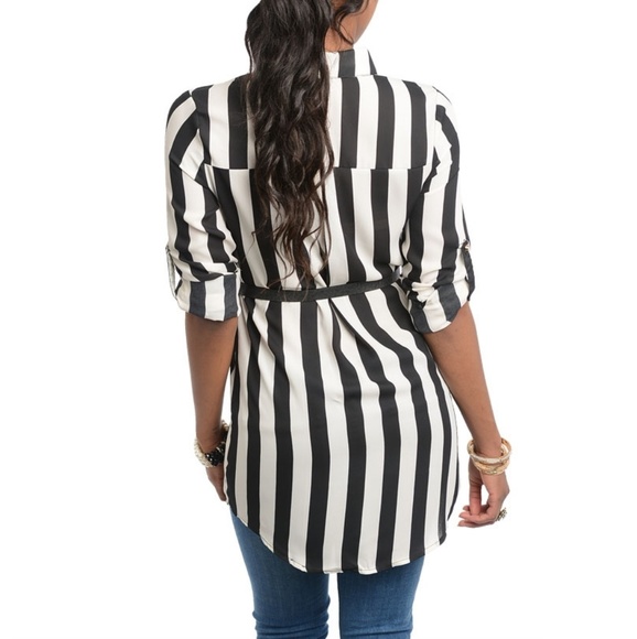 Intro Black/ White Striped Shirt with Belt - Picture 3 of 3